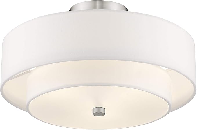 Livex Lighting 51044-91 Brushed Nickel Flush Mount with Off-White Fabric Hardback Shade