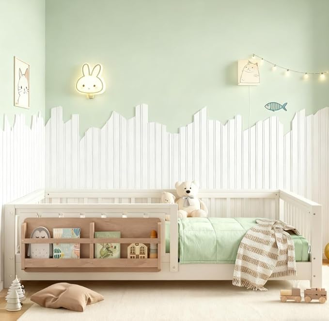 Bellemave Full Size Floor Bed with high Rails and with Built-in Bookshelf for Kids, Girls, Boys, Wood Montessori Floor Bed Without Door, Beige