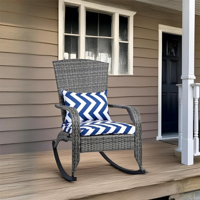 Outdoor Rocking Chair- Outdoor Glider Rattan Rocker Chair with Heavy Duty Steel Frame- All Weather Rocker Chair for Garden, Porch, Backyard, Poolside (Grey Rattan, 320lbs)