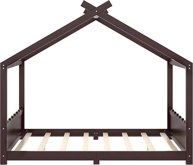 Queen Size Wooden House Floor Bed - Kids Bed Frame with Roof & Support Slats for Bedroom, No Box Spring Needed, Easy Assembly (Espresso)
