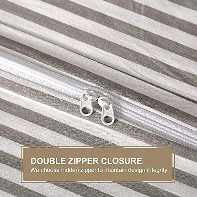 JELLYMONI Duvet Cover, 100% Natural Cotton, Printed Comforter Cover with Zipper Closure and Corner Ties (Super King Plus 120×120 Inch, White Duvet Cover Set with Grey Stripes Pattern)