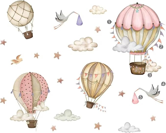 SANDOO Hot Air Balloon Wall Decals Peel and Stick - Neutral Nursery Decals,Stars Clouds Wall Stickers,Watercolor Wall Decal for Nursery Kids Room Playroom Bedroom Classroom Kindergarten Wall Decor