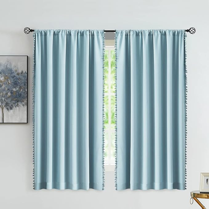 Treatmentex Blue Pom Pom Curtains for Living Room Bedroom 63 inch Thermal Insulated Half Blackout Curtain Drapes for Girls Boys Room Guest Room 52" w x2 Panels Rod Pocket
