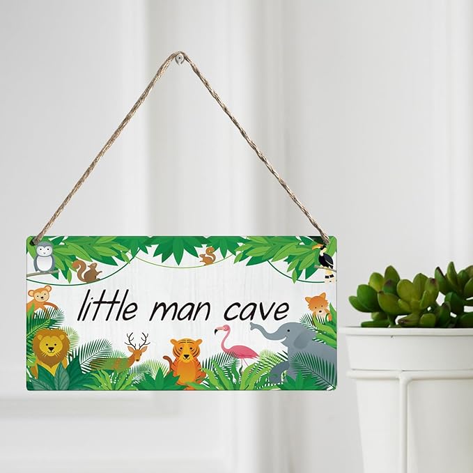 Little Man Cave Sign Woodland Nursery Room Decor for Baby Bedroom Jungle Safari Animal Theme Wall Decor for Toddler Room Decor 12 × 6 Inch（Wood 4009）