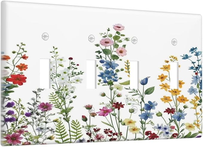 Light Switch Cover Colorful Wildflowers Plants Flowers on White Background 4 Gang Switch Plate Covers Quad Toggle Wall Plates Decorative Switchplate Electrical Faceplate for Home Decor