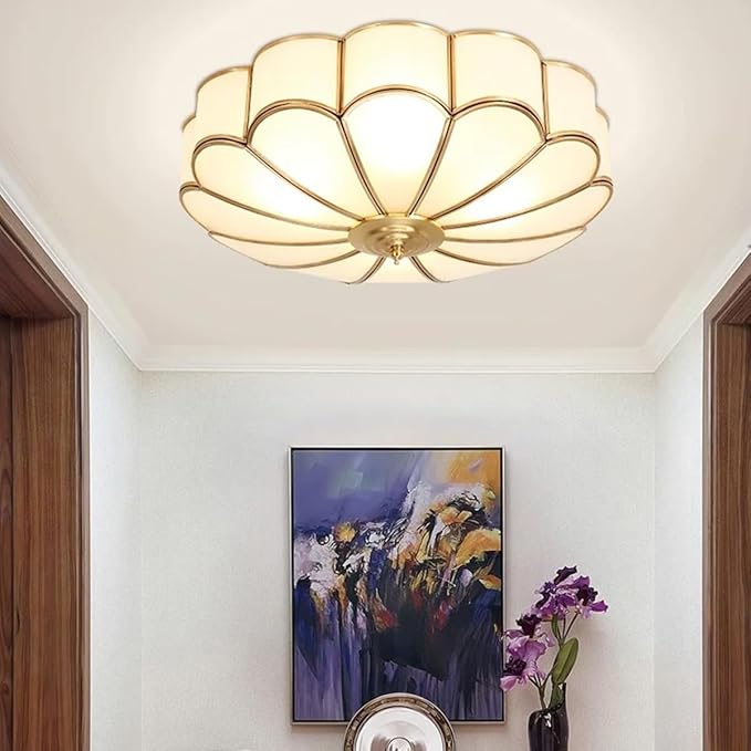 MIXL- Mid Century Brass Flush Mount Ceiling Light,LED Antique Brass Light Fixture, Modern Frosted Glass Ceiling Lamps for Living Room, Close to Ceiling Light Decorative for Bedroom(23.62" W)