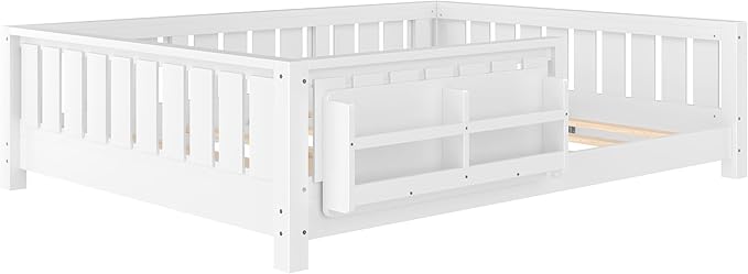 Bellemave Full Size Floor Bed with high Rails and with Built-in Bookshelf for Kids, Girls, Boys, Wood Montessori Floor Bed Without Door, White