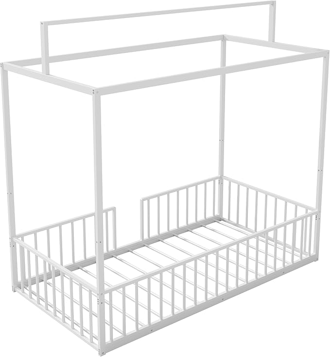 Merax Twin Size 3-in-1 Convertible Montessori Floor Bed, Metal House Bed Framefor Kids, Montessori Floor Beds with Fence,Playhouse for Kids,White