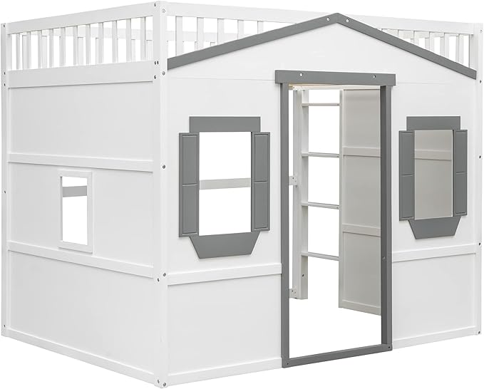 Full Size Loft Bed with Safety Guardrail for Kids Boys Girls, Playhouse Design Solid Wood Loft Bed Frame with Ladder and Windows, Strong Wood Slats Support, Space-Saving (White+Gray)