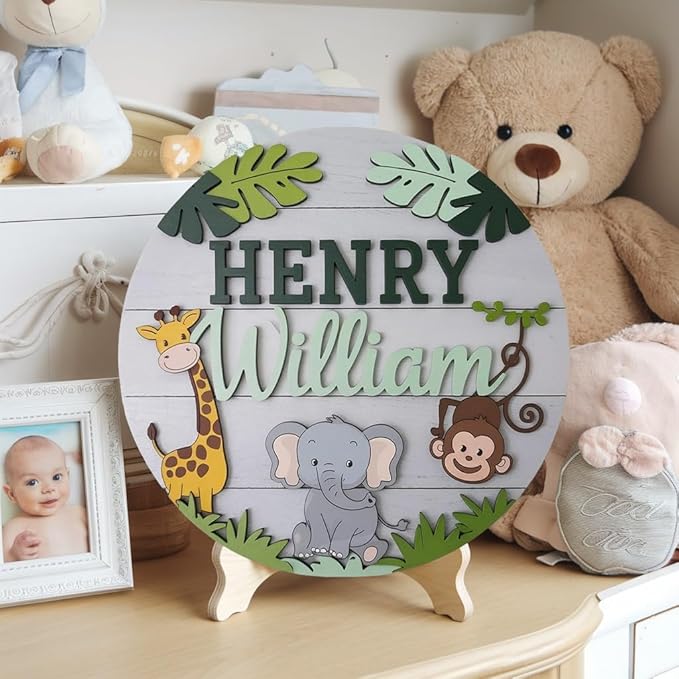 Personalized Nursery Name Sign for Boys, Animals Sign for Baby Door Decor, Newborn Gifts for Boy, Nursery Wall Bedroom Decorations, Mother's Day Gifts for New Mom Dad Gift