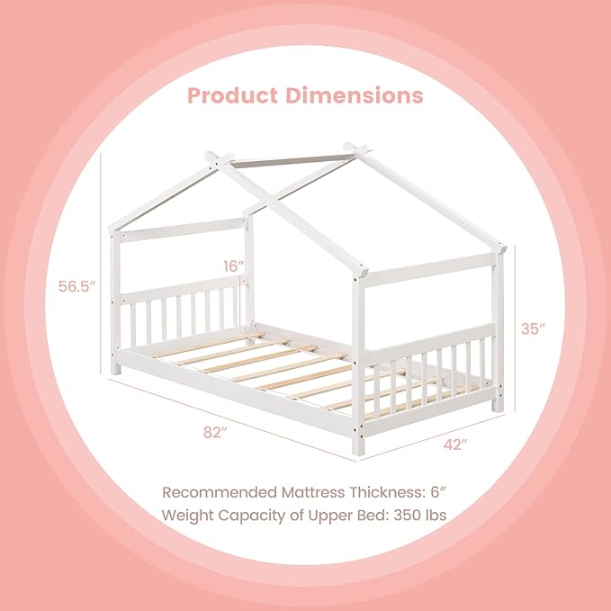 Giantex House Bed Twin, Solid Wood Kids House Bed with Roof, Headboard and Footboard, Low Floor Twin Bed Frame for Toddlers Teens Girls Boys, No Box Spring Needed, White