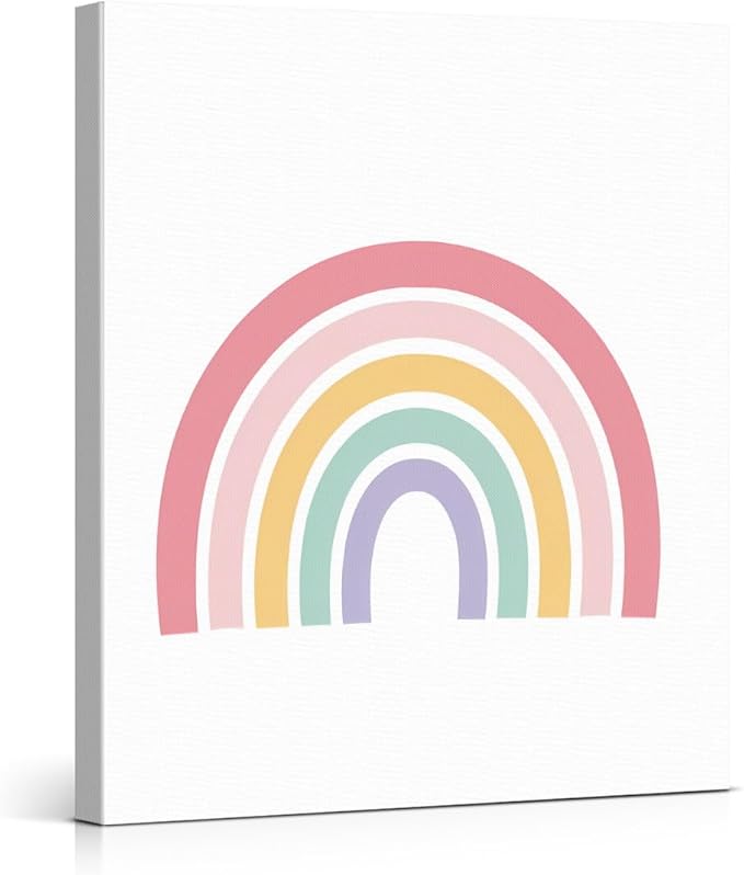 Cute Rainbow Nursery Canvas Wall Art Print Pastel Rainbow Poster Painting Wall Decor for Nursery Toddler Girls Room Bedroom Kids Playroom 8x10 Framed