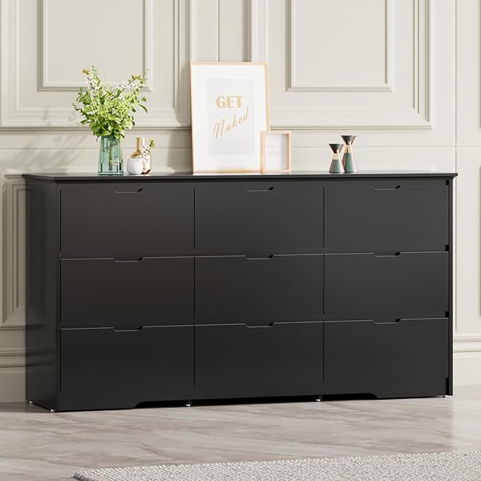CARPETNAL 9 Drawer Black Dresser for Bedroom with Deep Drawers, Large Dressers & Chest of Drawers Handle Free, Modern Long Dressers for Closet Bedroom, Living Room (59.25" W x 15.9" D x 31.9" H)