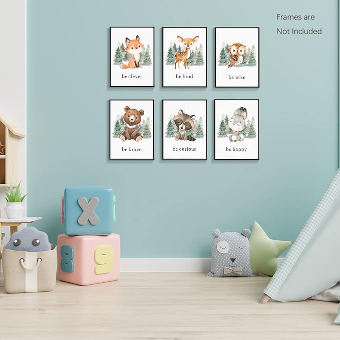 Wodkwq Nursery Wall Art Woodland Animal Canvas Prints Baby Girl Boy Room Decor Cute Poster Pictures Forest Theme Toddler Room Decoration Painting Set of 6 for Kids Bedroom Bathroom 8x10in Unframed