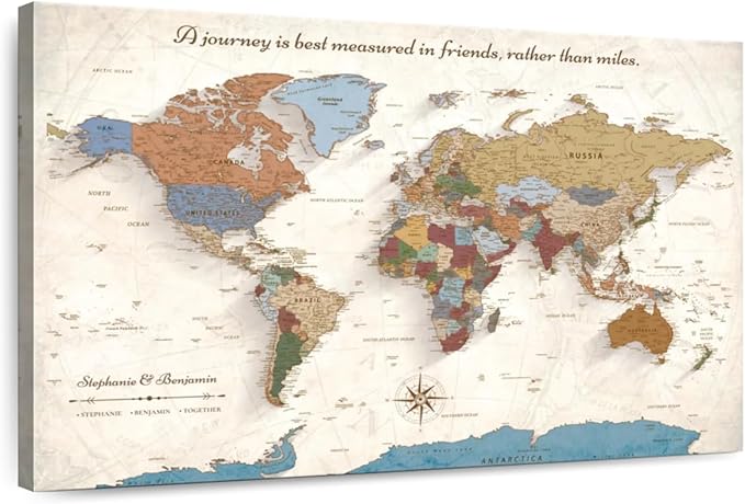 ElephantStock - Personalized Journey V Push Pin World Map Wall Art - Horizontal Canvas Wall Art - Living Room Wall Decor - Digital Art Map Canvas Art - Beige And Orange Decor - 48" x 32"