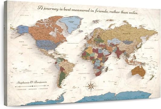 ElephantStock - Personalized Journey V Push Pin World Map Wall Art - Horizontal Canvas Wall Art - Living Room Wall Decor - Digital Art Map Canvas Art - Beige And Orange Decor - 36" x 24"
