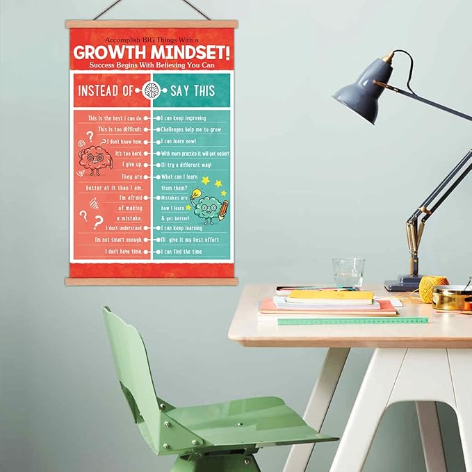KAIRNE Kids Growth Mindset Poster Educational Classroom Poster With Wood Magnetic Hanger,Motivational Quote Canvas Wall Art(35X56CM) Students Positive Art Print For Kids Playroom Classroom Decor