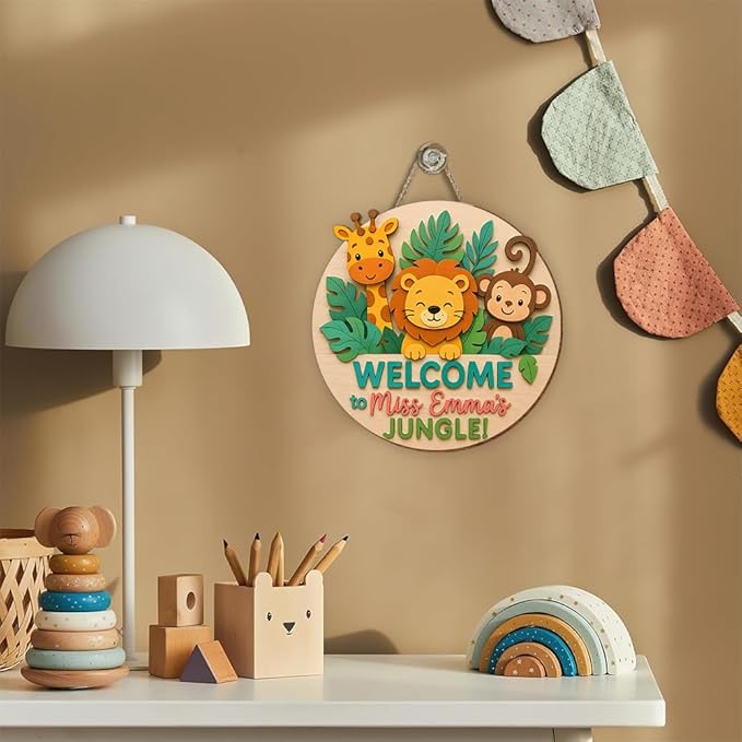 Custom Wooden Welcome Sign | Jungle Animal Door Hanger for Teacher Classroom, Nursery, Playroom | Personalized Wall Art Decorative Sign