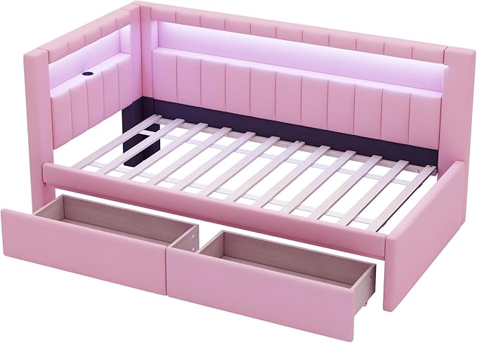 Twin Size Daybed with Storage Drawers and L-Shaped Bookshelf Headboard, Linen Upholstered Soft Corner Bed with Shelves, Charging Station and LED Belt for Kids Boys Girls, Pink