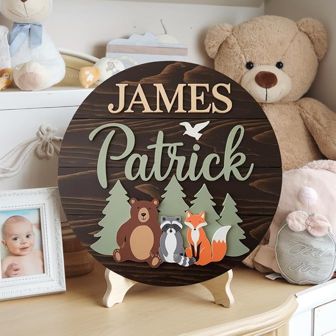 Personalized Name for Nursery Wall, Bear Fox Raccoon Sign for Baby Door Decor, Newborn Gifts for Boy, Boys Nursery Wall Bedroom Decorations, Mother's Day Gifts for New Mom Dad Gift