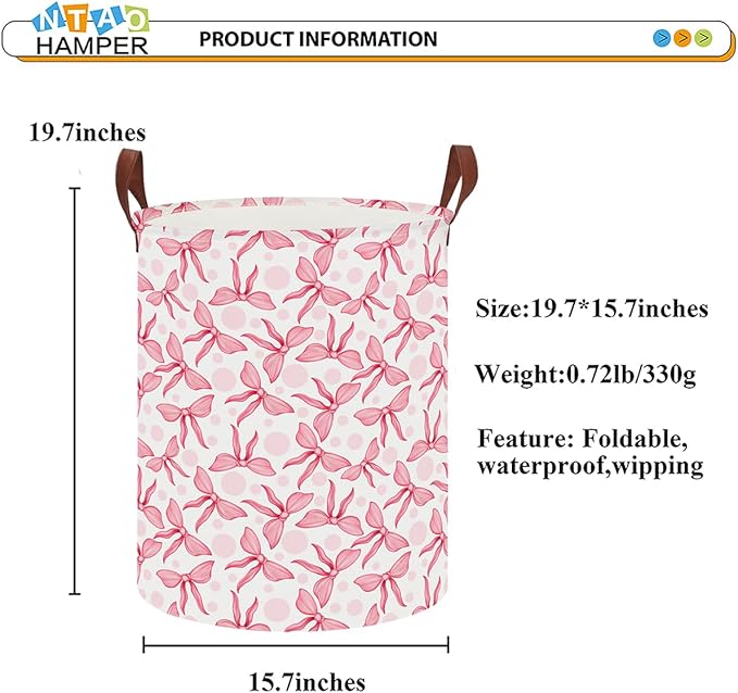 Laundry Hamper,Laundry Basket,Baby Nursery Hamper,Waterproof Storage Bin,Clothes Organizer Basket,Room Decor(Pink Bowknot)