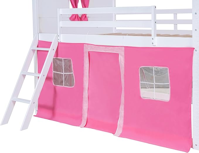 Twin Size House Bunk Bed with Elegant Windows and Sills, Solid Wood Tent Bed Frame with Guardrails for Kids Teens Boys Girls, Versatile Spacious Under Bed Space with Curtains (Pink+White T)