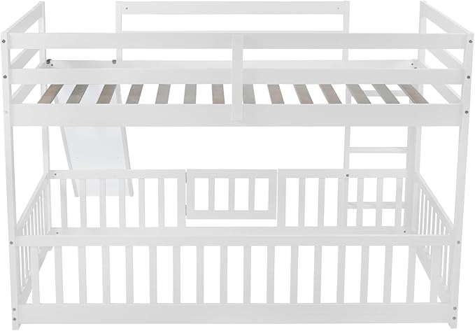 Twin Over Twin Bunk Bed with Slide and Ladder, Wood Floor Bunk Bed Frame with Door and Safety Guardrails for Kids Teens Boys Girls, No Box Spring Needed