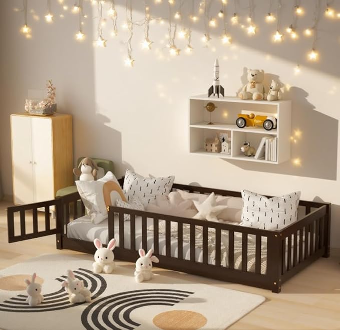 Bellemave Twin Size Floor Bed for Kids, Girls, Boys, Rubber Wood Floor Bed with slats and Door, Espresso