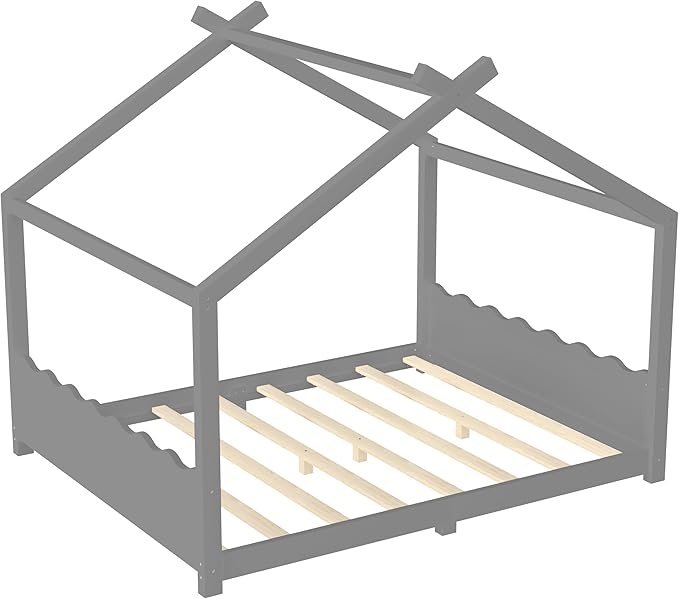 Queen Size Wooden House Floor Bed - Kids Bed Frame with Roof & Support Slats for Bedroom, No Box Spring Needed, Easy Assembly (Grey)