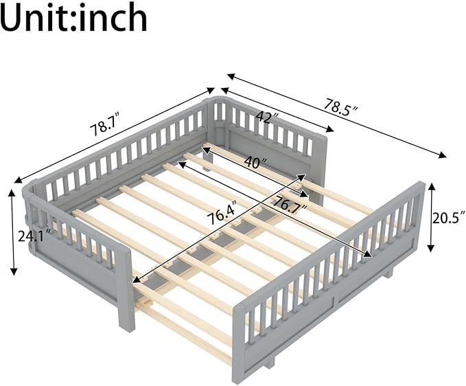 KEIKI Solid Wood Expandable Twin Size Floor Bed for Kids with Guardrails, Can Be Converted into a Double Twin Bed Platform, Montessori Low Profile Bedframe Daybed for Girls Boys, No Box Spring Needed