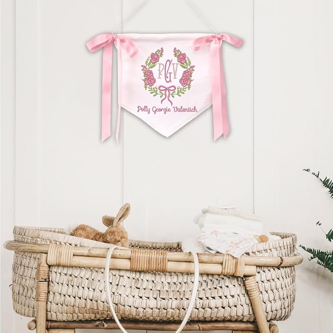 Embroidered Baby Name Sign Personalized Baby Announcement Sign Newborn Baby Banner with Bows Baby Hospital Name Sign Canvas Hanging Pennant Flag Custom Infant Baby Name Baby Shower Banner (05)