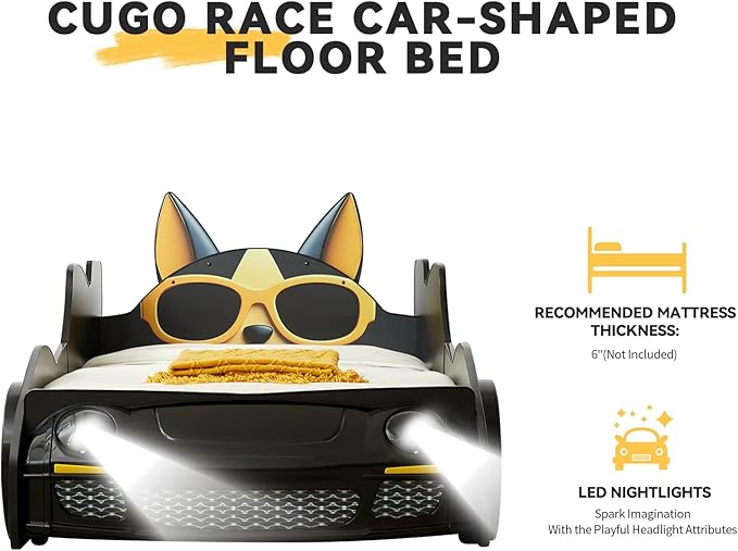 HMFULE Twin Bed Frames for Kids, Wood Cartoon Dog Race Car -Shaped Bed Frame Platform with Wheels LED Lights & Slat Support for Toddler, Teens, Boys or Girls, No Box Spring Needed (Black Yellow)