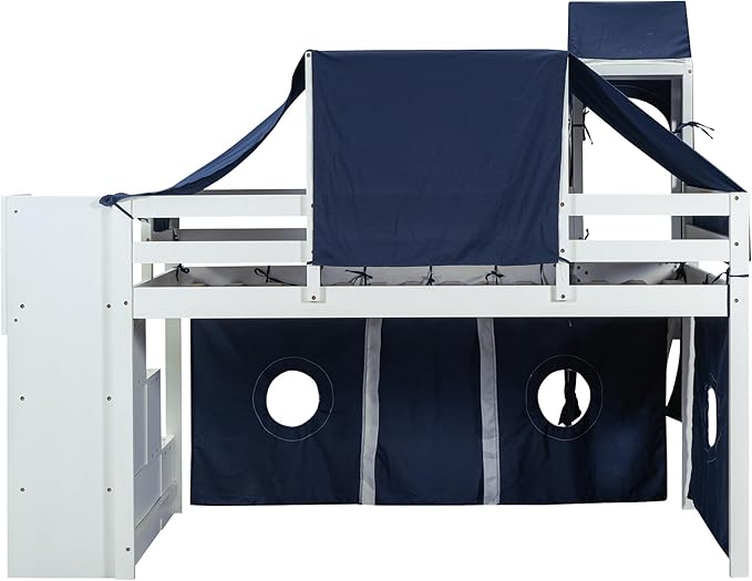 Playhouse Twin Size Low Loft Bed with Slide & Tent and Tower, Solid Wood Tent Bed Frame with Storage Staircase for Kids Teens Boys Girls, Versatile Spacious Under Bed Space with Curtains (Blue-TST)