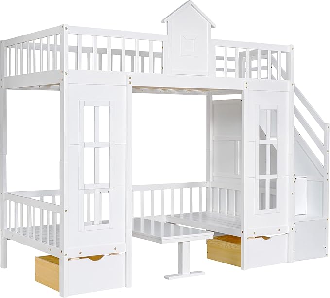 MERITLINE Twin Over Twin Castle House Loft Bed with Stairs and Storage Drawers,Solid Wood Princess Convertible Bunk Bed with Desk and Seat (White (Convertible))