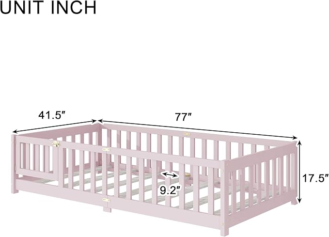 Twin Size Floor Bed for Kids, Wood Montessori Floor Beds with Fence Railings, Door & Slats Support, Twin Playhouse Bed Frame for Boys Girls, No Box Spring Needed, Pink
