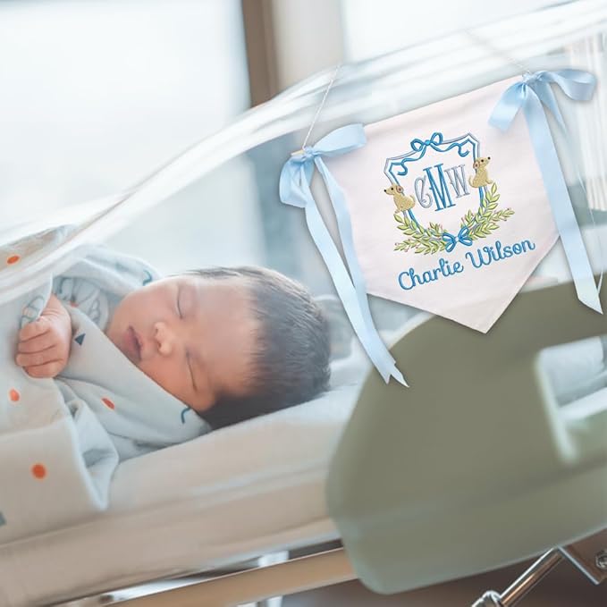 Embroidered Baby Name Sign Personalized Baby Announcement Sign Newborn Baby Banner with Bows Baby Hospital Name Sign Canvas Hanging Pennant Flag Custom Infant Baby Name Baby Shower Banner (01)