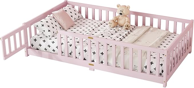 Twin Size Floor Bed for Kids, Wood Montessori Floor Beds with Fence Railings, Door & Slats Support, Twin Playhouse Bed Frame for Boys Girls, No Box Spring Needed, Pink