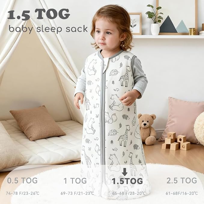 Baby Sleep Sack 18-24 Months 1.5 TOG, 2 Pack Bamboo Baby Wearable Blanket with 2-Way Zipper, Infant Toddler Sleeping Sack for Newborn Boys and Girls, Giraffe Bear