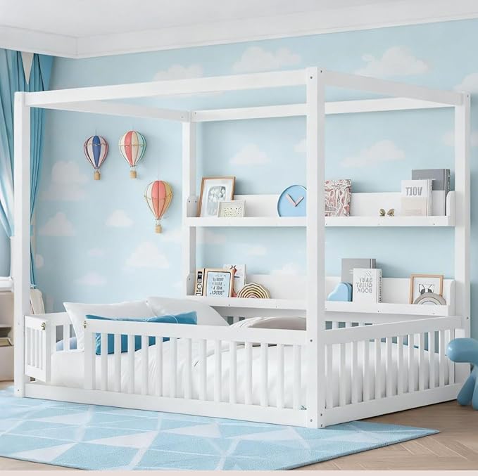 Bellemave Canopy Floor Bed Full Size with Safety Fence and Bookcase,Built in Four Poster Design,Full Montessori Floor Bed Frame for Toddlers,Kids,Boys,Girls,No Spring Box Needed（Full,White）