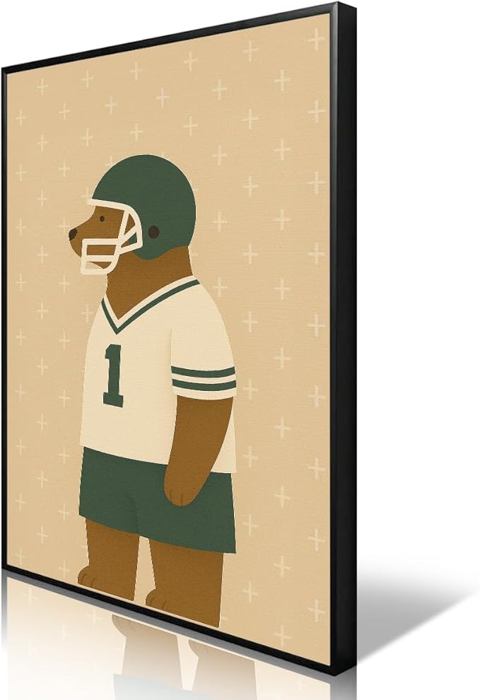 Football Poster Canvas, Baby Boy Sports Nursery Wall Art, Animal Bear Athletes Pictures, Run Fast Jump High Charming Quote Print, Kids Bedroom Soccer Equipment & Field Decor 8x12in Unframed
