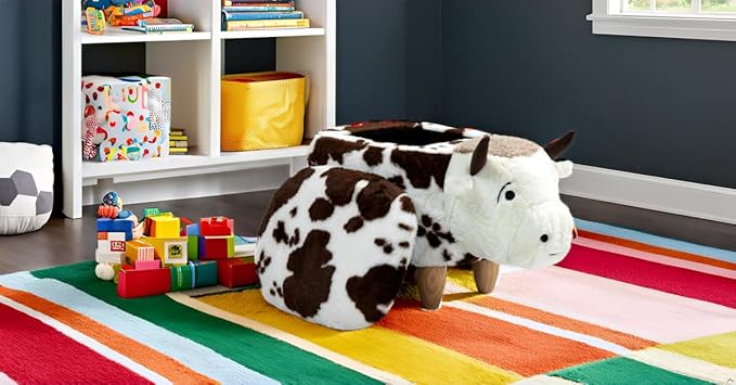 Home 2 Office Fun Happy Cow Ottoman with Storage for Kids' Bedroom, Playroom, Nursery or Recreation Room Decor, Soft Animal-Shaped Toddler Furniture with Wooden Legs