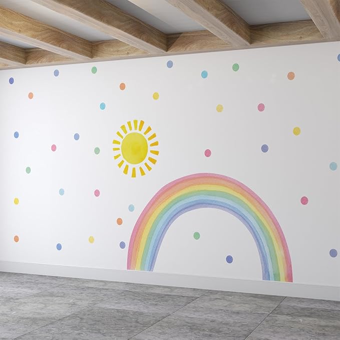 Watercolor Rainbow, Sun, Polka Dots Wall Decal for Kids Room, Nursery, Baby Room Decor, Polka Dots Mural, Rainbow Wallpaper (Rainbow-Sun-Polkadots, Large)