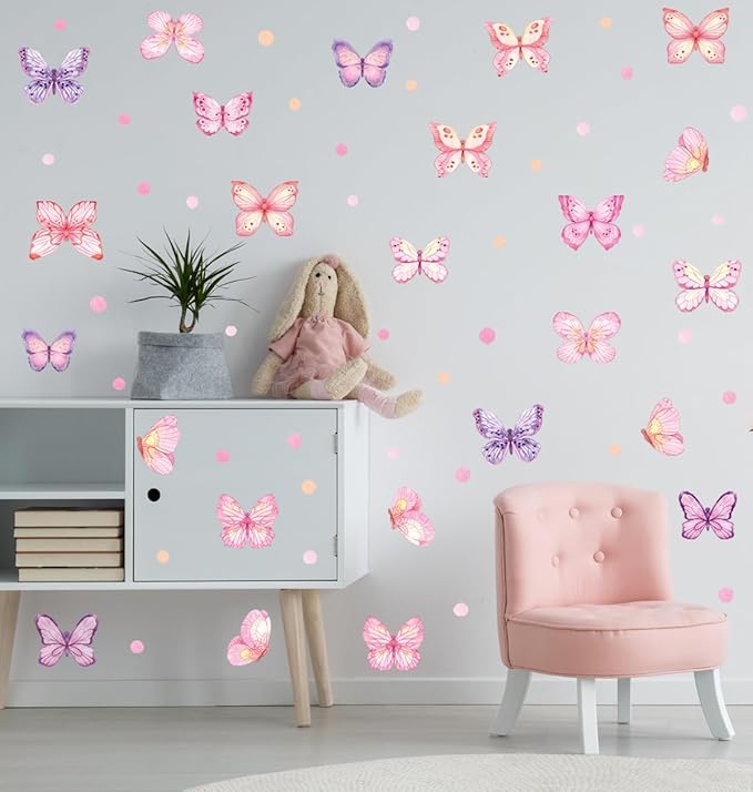 Pink Butterfly Wall Stickers,Butterflies with Plot Dots Vinyl Wall Decals, Removable Butterfly DIY Wall Art for Girl Bedroom Nursery Room Decor