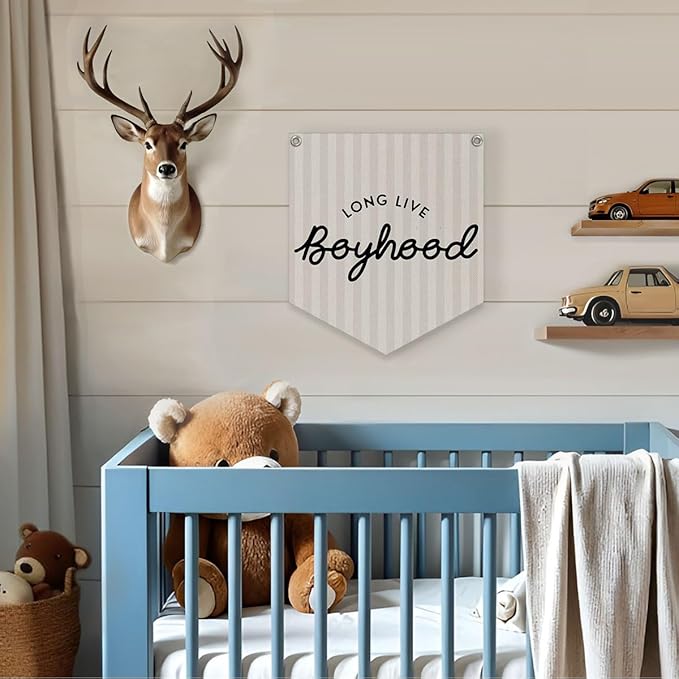 Lacama Long Live Boyhood Linen Banner,Vintage Boy Room Toddler Decor,Boy Bedroom Wall Hanging Banner Pennant Flag Decor for Nursery Playroom,12.4x14 in(Neutral Stripe)