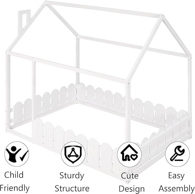 Bellemave Full Size Kids Floor Bed Frame with Fences, Wooden Full House Bed with Roof Can be Decorated for Kids Girls Boys (White)