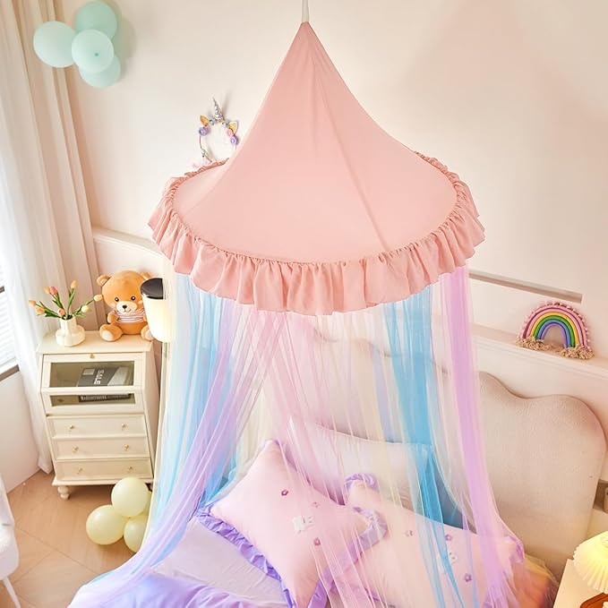Kertnic Rainbow Bed Canopy for Girls Dreamy Mosquito Net for Bed Round Dome Princess Bed Canopy Girl Room Play Tent Kids Canopy Bed Netting Curtains (Single Layer- Pink)