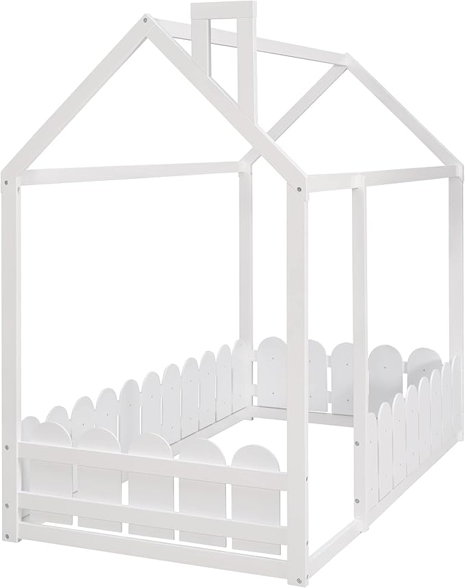 Merax Kids Wood House Bed with Fence, Fun Montessori Bed for Boys,Girls, Easy Assemble(Twin, White)