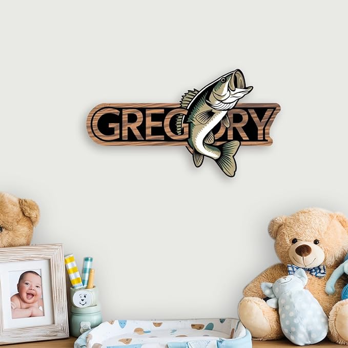 Personalized Nursery Sign, Fishing Wooden Sign with Name, Hello World Newborn Sign, Fishing Sign for Kid Room Decor, Baby Gifts for Boy, Custom Baby Name Sign, Baby Boys Wall Art Bedroom