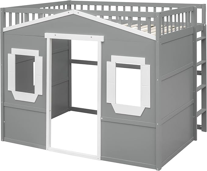 Full Size Loft Bed with Safety Guardrail for Kids Boys Girls, Playhouse Design Solid Wood Loft Bed Frame with Ladder and Windows, Strong Wood Slats Support, Space-Saving (Gray+White)
