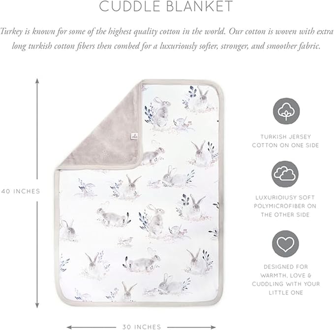 Oilo Baby Blanket, Luxury Soft Plush Chenille Backing & Turkish Cotton Jersey Print, Double Layered, 30" x 40", Rolled Jersey Edge Trim, Machine Wash, Perfect for Infant or Toddlers, Cottontail Bunny